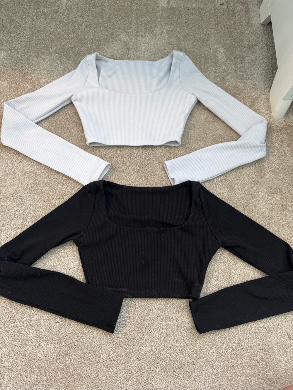 Tiger Friday Square Neck Ribbed Long Sleeve Crop Top - White & Black